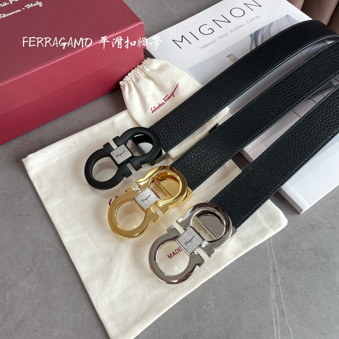 Salvatore Ferragamo Men's Black Pebbled Leather Belt with Matte Black Gancini Buckle, 35mm