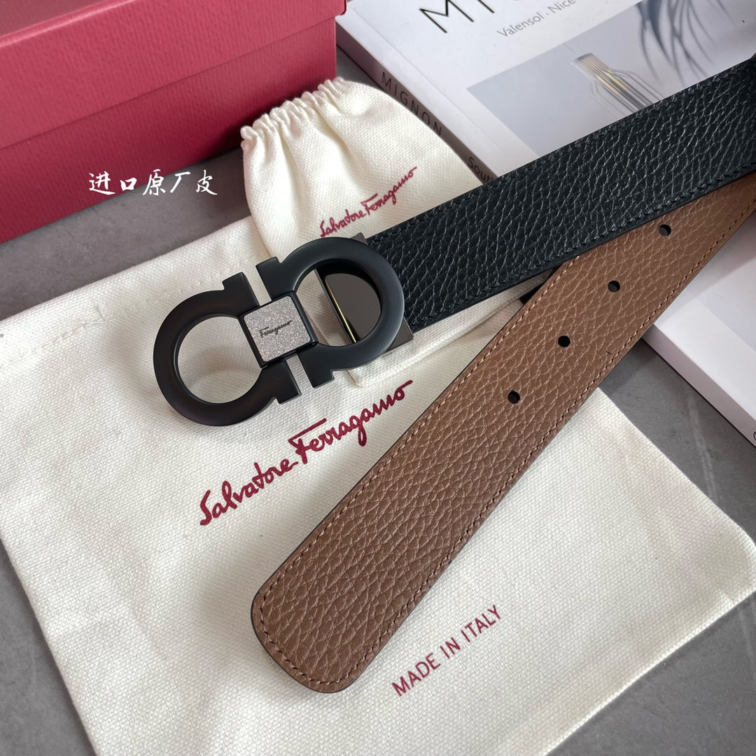 Salvatore Ferragamo Men's Black Pebbled Leather Belt with Matte Black Gancini Buckle, 35mm