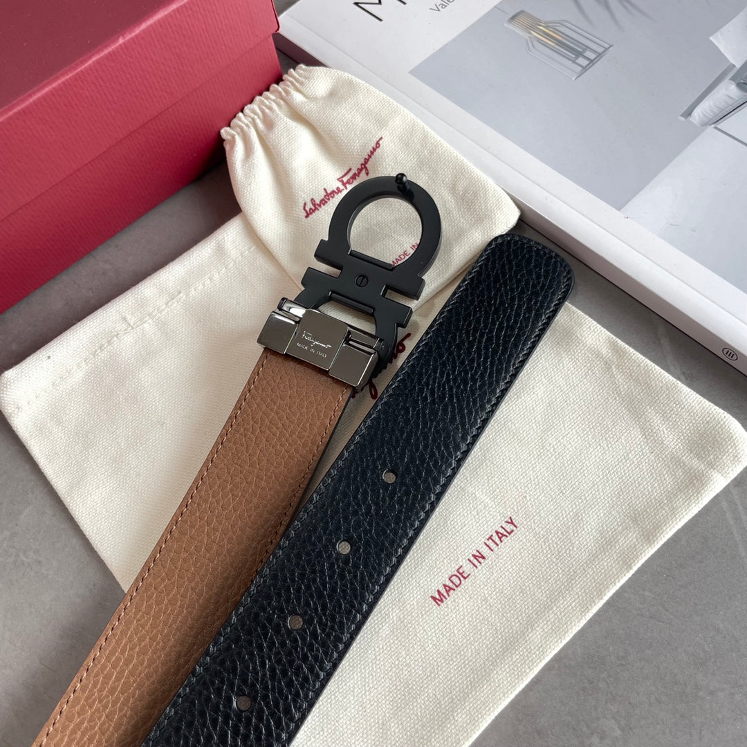 Salvatore Ferragamo Men's Black Pebbled Leather Belt with Matte Black Gancini Buckle, 35mm