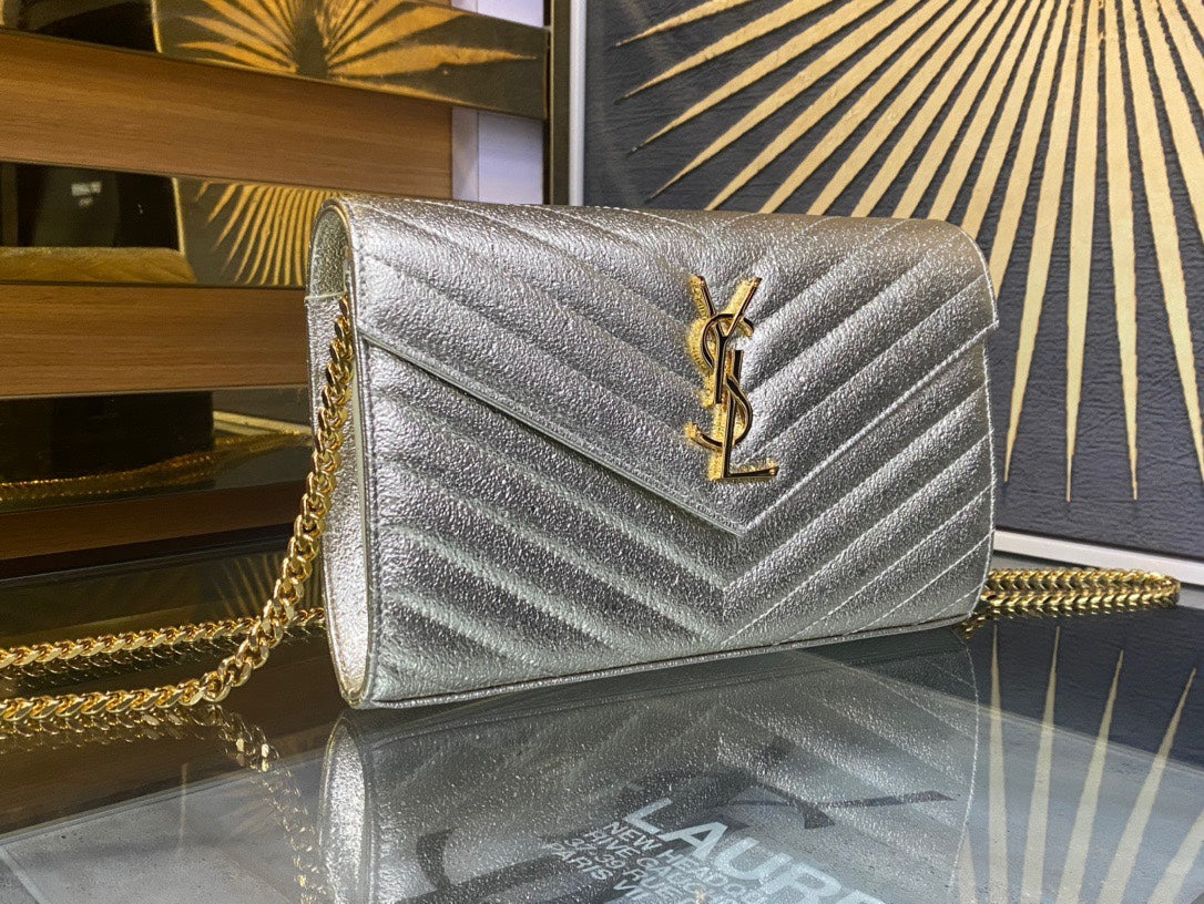 Saint Laurent Cassandre Matelassé Chain Wallet in Silver Quilted Leather