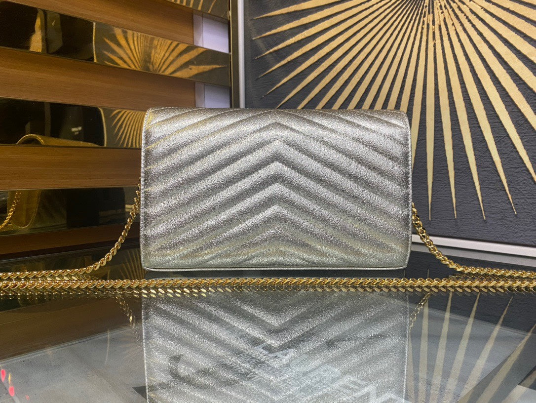 Saint Laurent Cassandre Matelassé Chain Wallet in Silver Quilted Leather