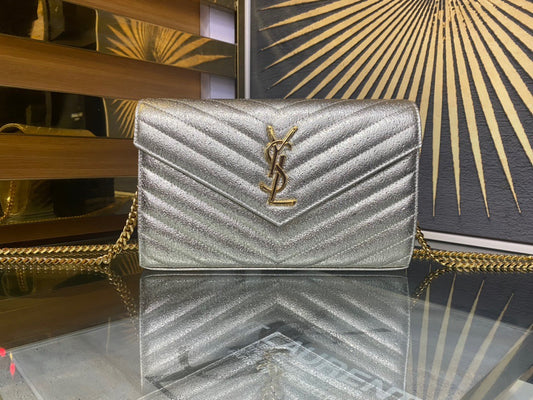Saint Laurent Cassandre Matelassé Chain Wallet in Silver Quilted Leather