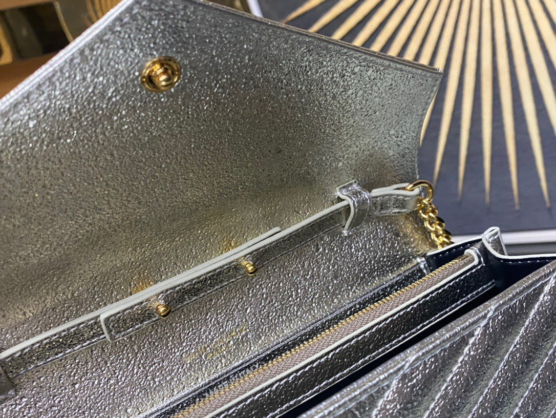 Saint Laurent Cassandre Matelassé Chain Wallet in Silver Quilted Leather