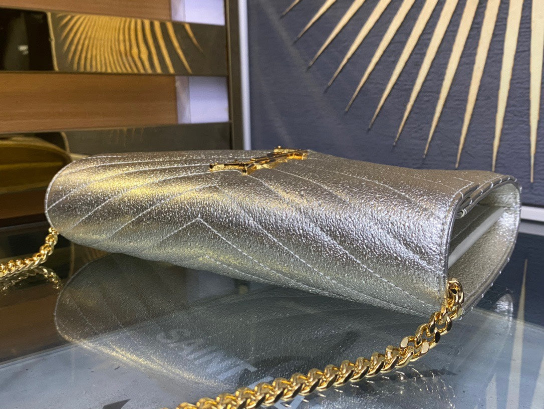 Saint Laurent Cassandre Matelassé Chain Wallet in Silver Quilted Leather