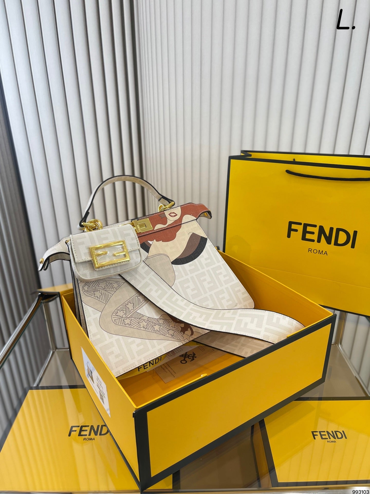 Fendi Peekaboo FF Monogram Graphic Print Handbag with Nano Baguette Charm