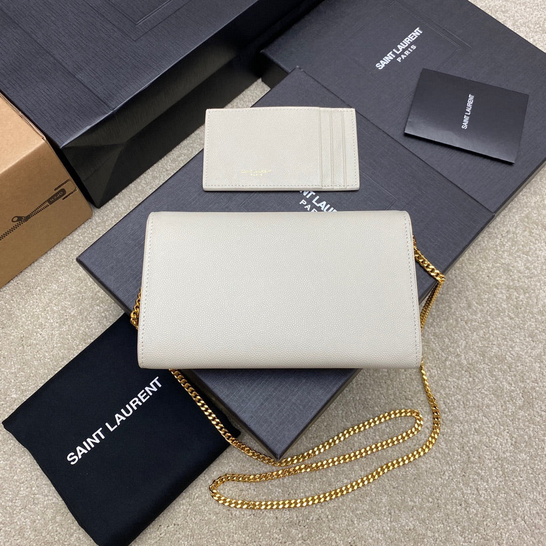 Saint Laurent Uptown Chain Wallet in Grain de Poudre Embossed Leather - Beige
