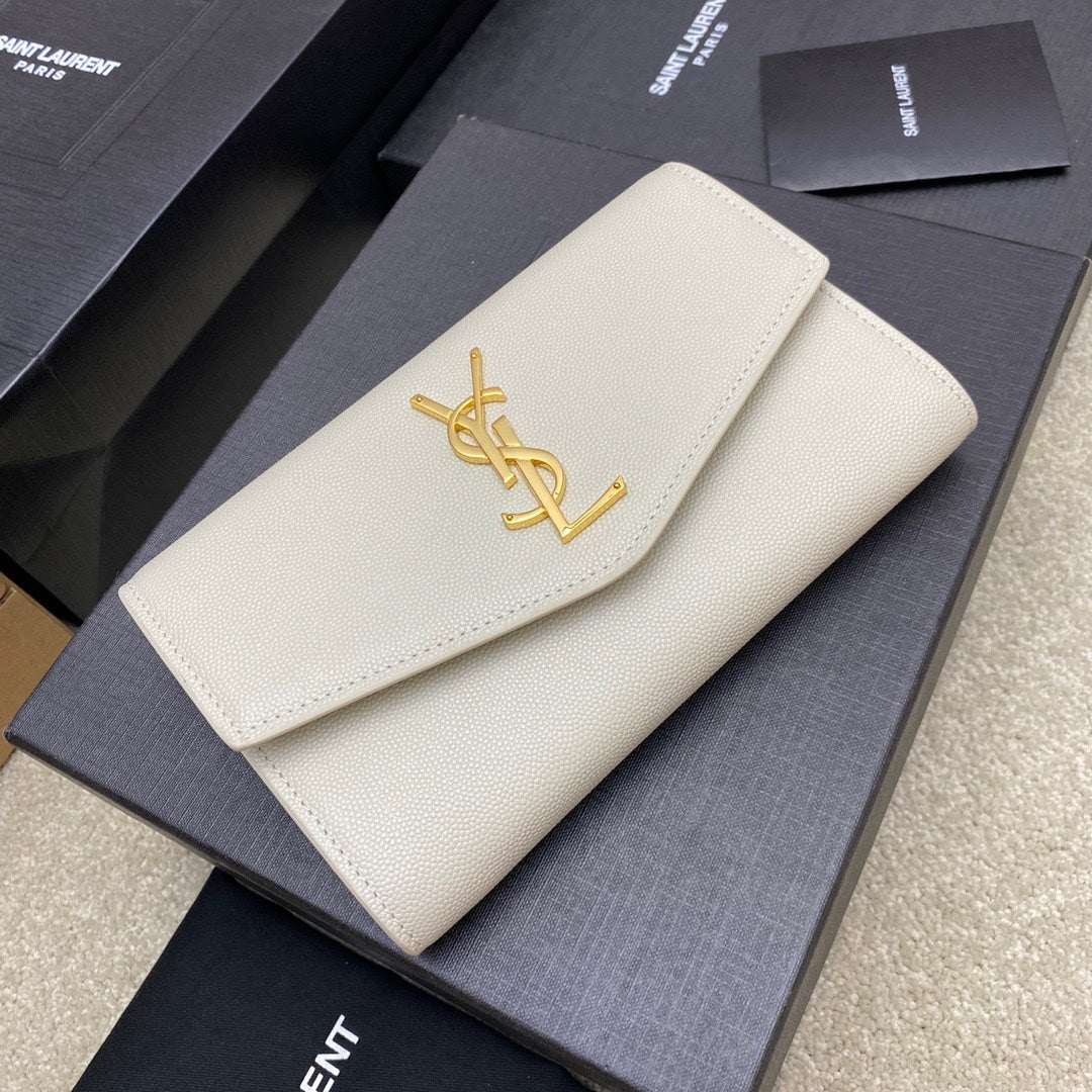 Saint Laurent Uptown Chain Wallet in Grain de Poudre Embossed Leather - Beige