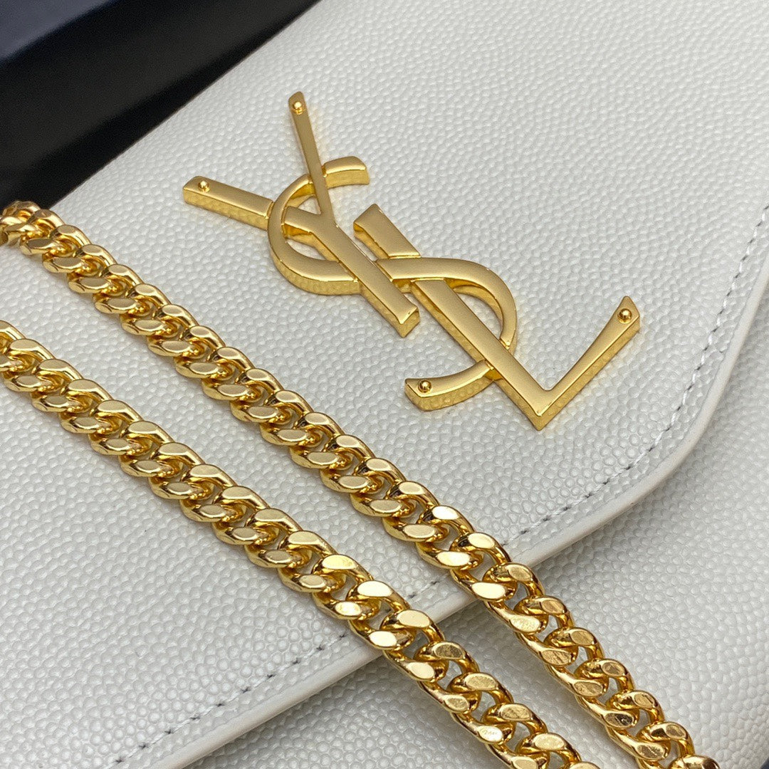 Saint Laurent Uptown Chain Wallet in Grain de Poudre Embossed Leather - Beige