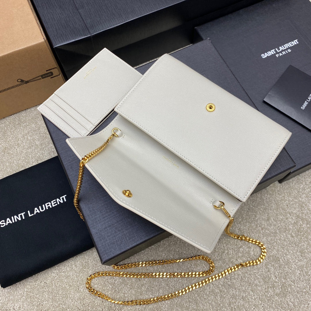 Saint Laurent Uptown Chain Wallet in Grain de Poudre Embossed Leather - Beige