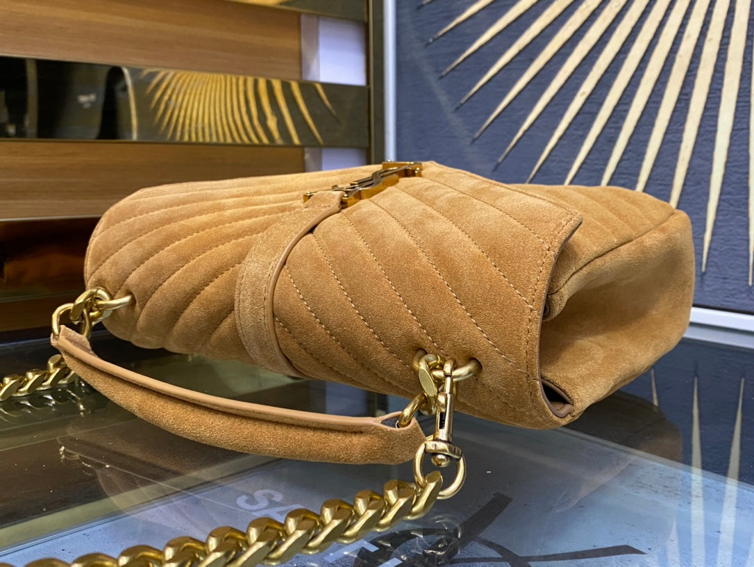 Saint Laurent Medium College Bag in Tan Suede with Gold Hardware