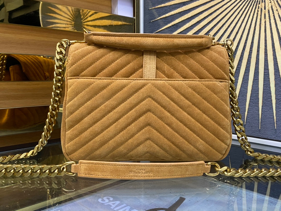 Saint Laurent Medium College Bag in Tan Suede with Gold Hardware