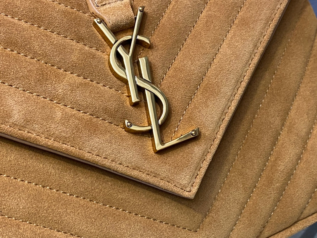 Saint Laurent Medium College Bag in Tan Suede with Gold Hardware