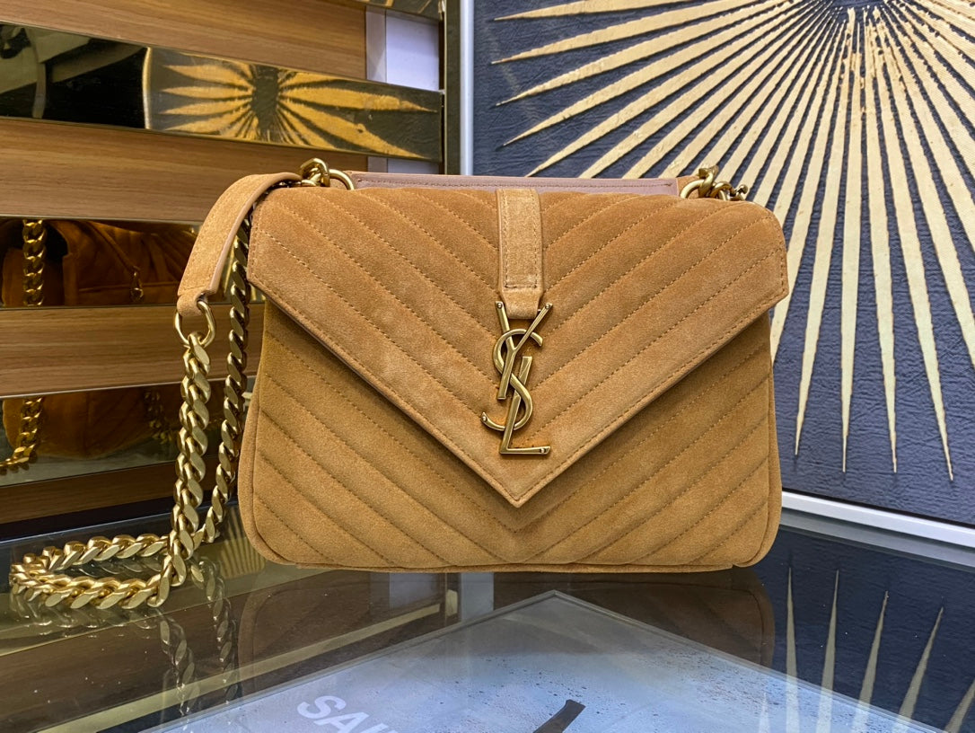 Saint Laurent Medium College Bag in Tan Suede with Gold Hardware