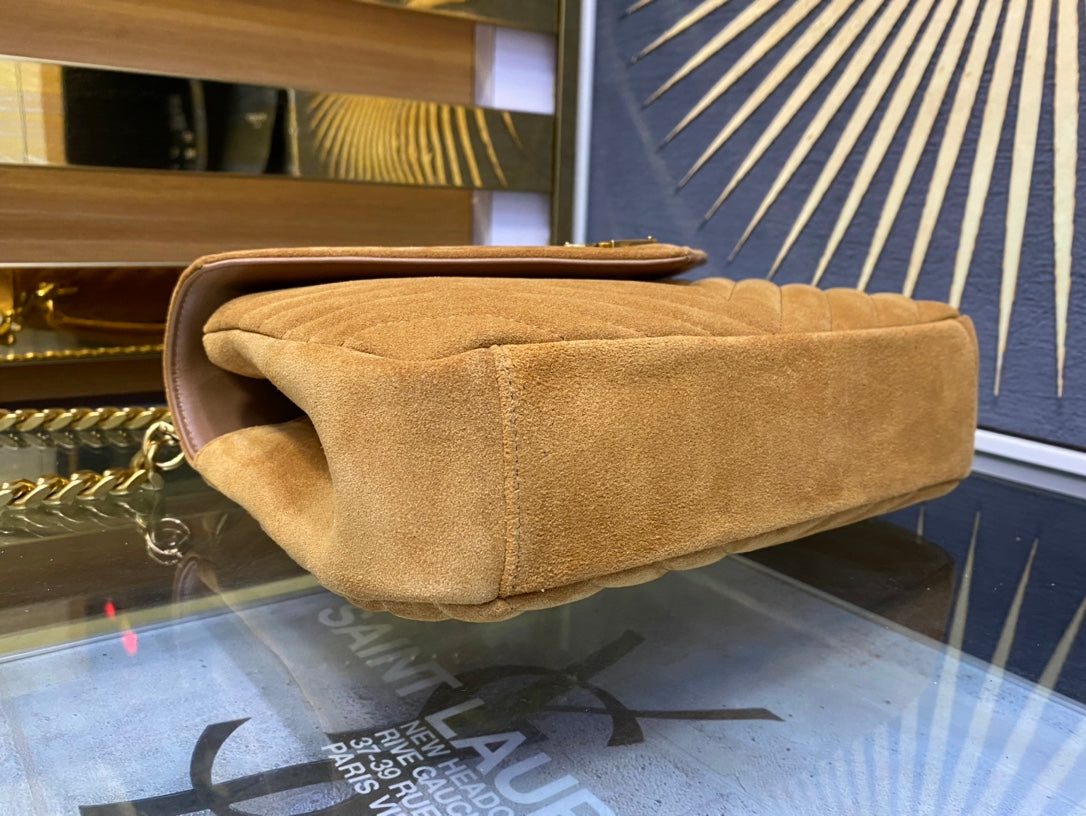 Saint Laurent Medium College Bag in Tan Suede with Gold Hardware