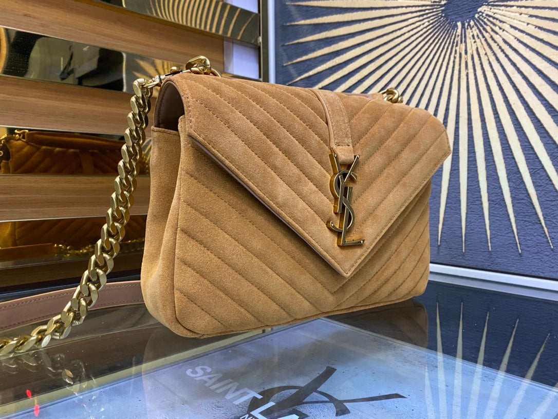 Saint Laurent Medium College Bag in Tan Suede with Gold Hardware
