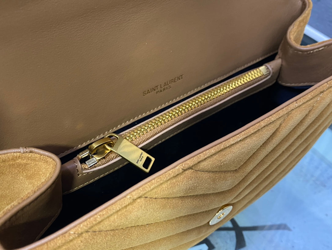 Saint Laurent Medium College Bag in Tan Suede with Gold Hardware