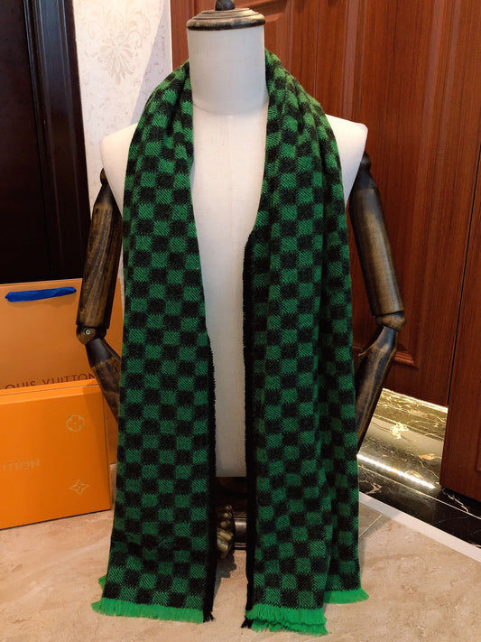 Green and Black Checkered Knit Scarf, Unisex Damier Pattern Winter Neck Warmer Accessory