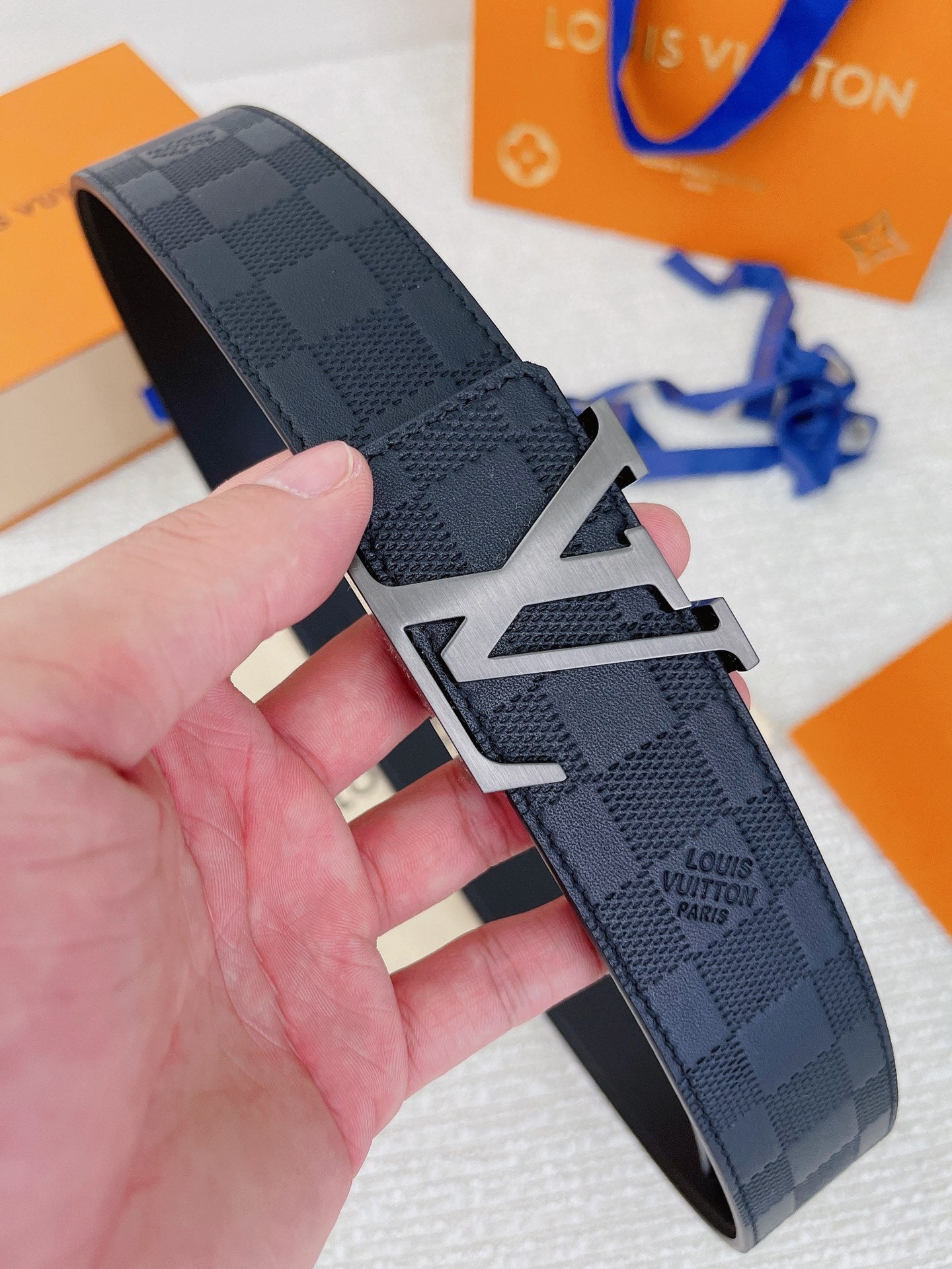 Louis Vuitton Men's LV Initiales Damier Infini Leather Belt - Black Onyx with Silver-Tone Buckle