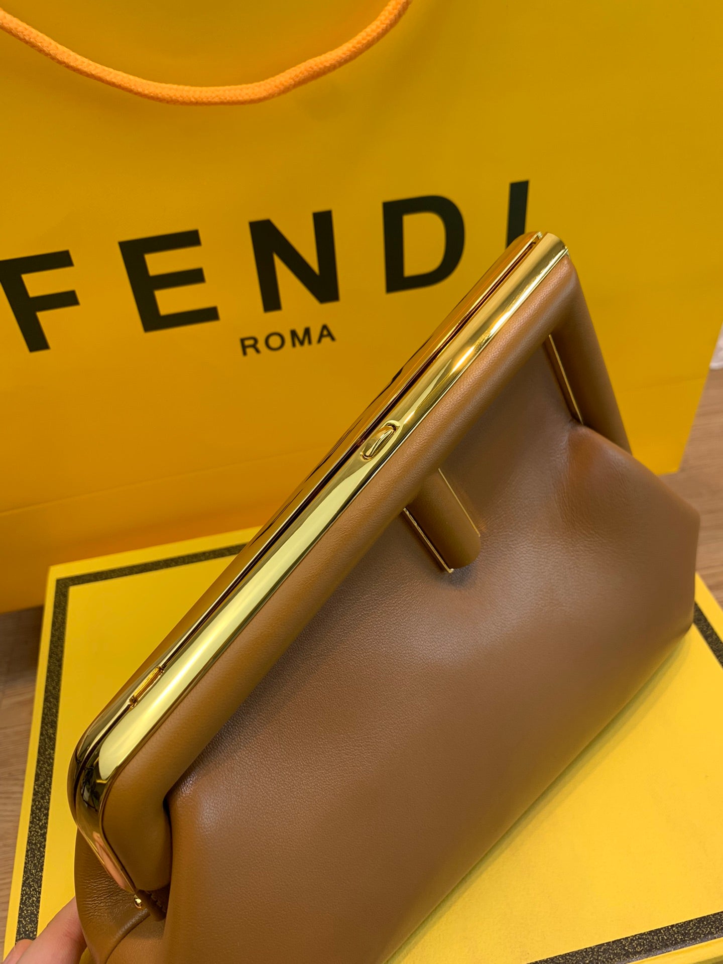 Fendi First Small Caramel Leather Clutch with Shoulder Strap