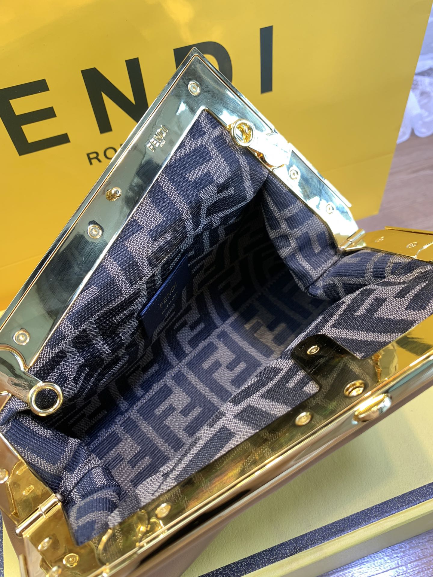 Fendi First Small Caramel Leather Clutch with Shoulder Strap