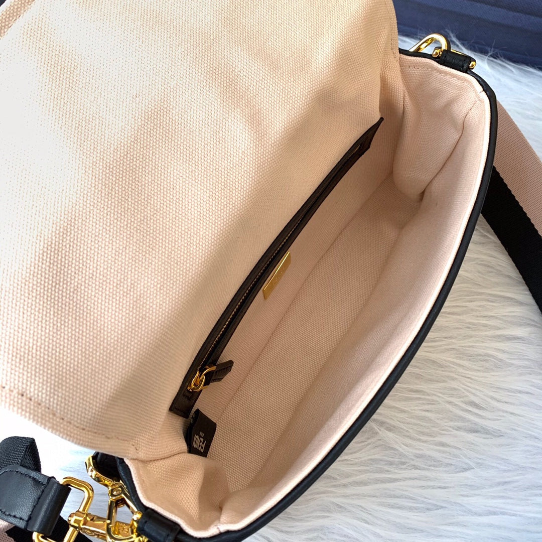 Fendi Baguette Monogram Embroidered Pink Crossbody Bag with Canvas Strap
