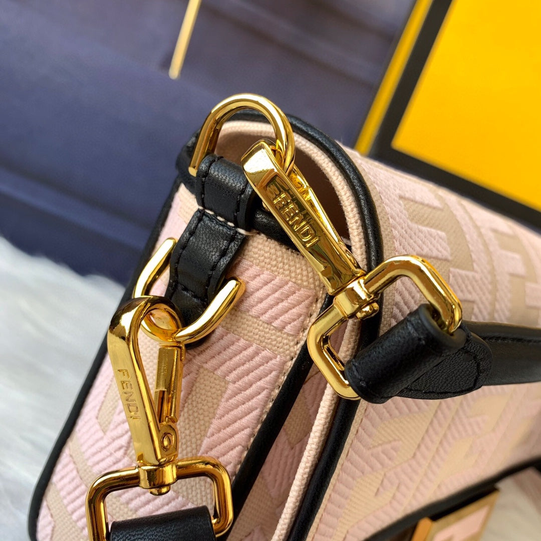 Fendi Baguette Monogram Embroidered Pink Crossbody Bag with Canvas Strap