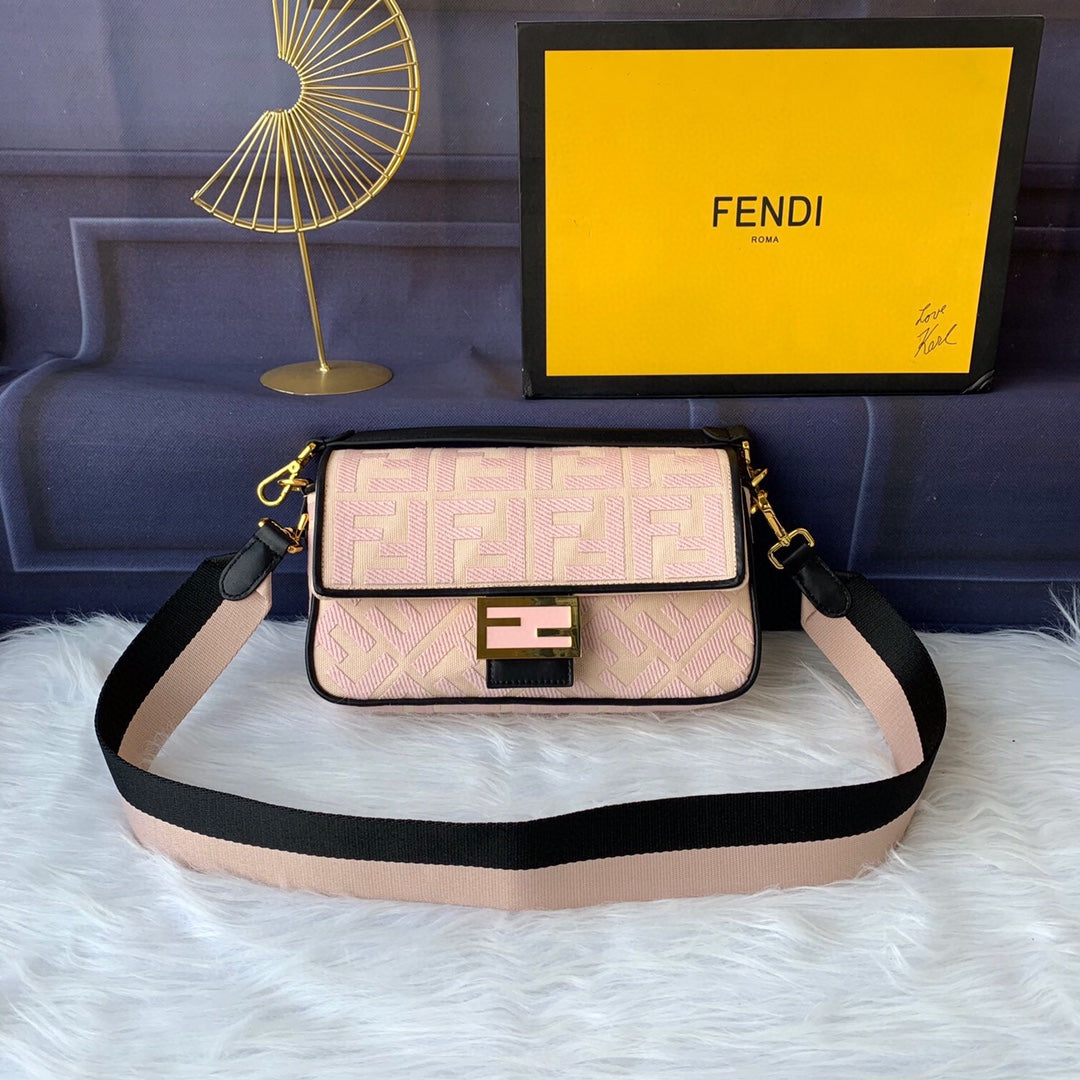 Fendi Baguette Monogram Embroidered Pink Crossbody Bag with Canvas Strap