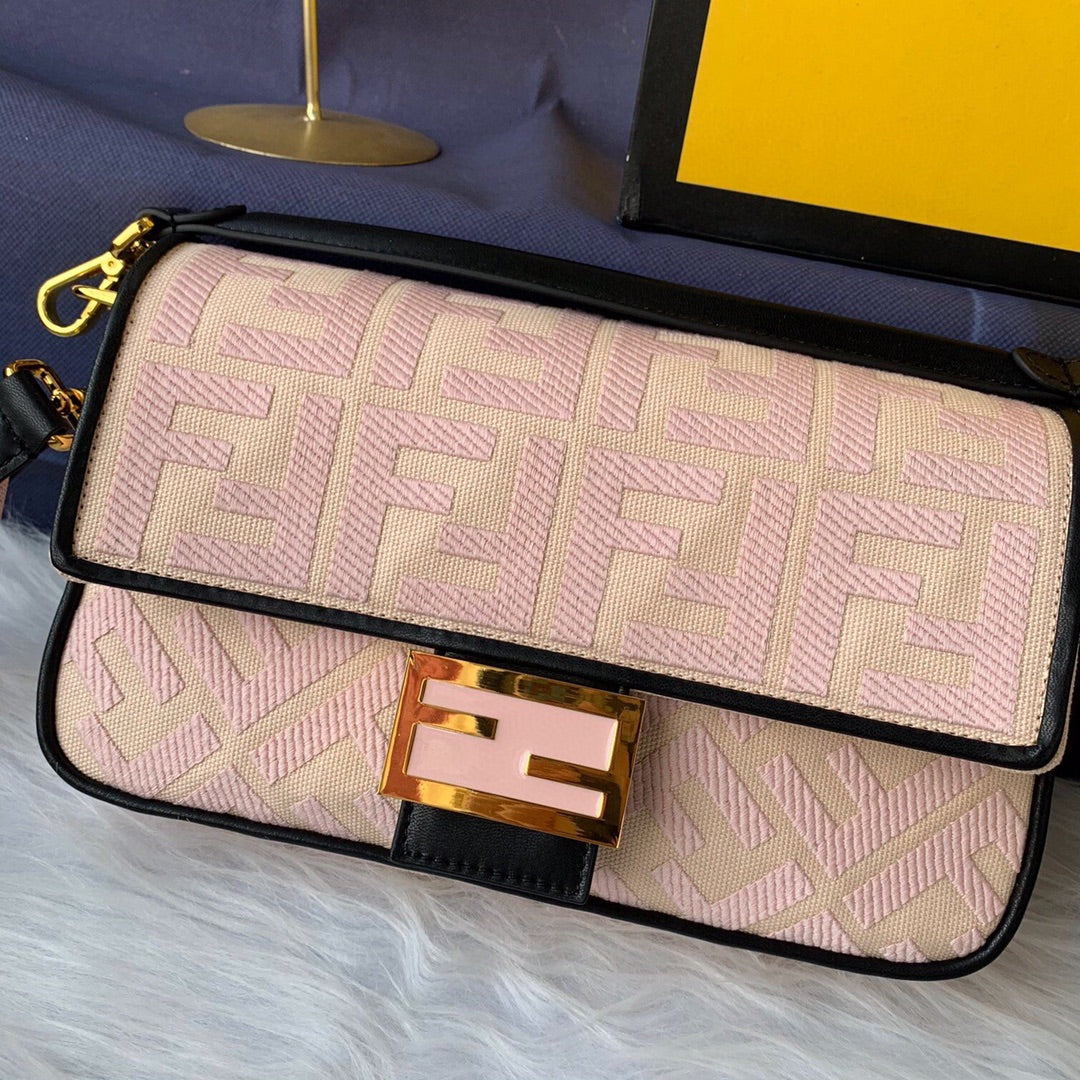 Fendi Baguette Monogram Embroidered Pink Crossbody Bag with Canvas Strap