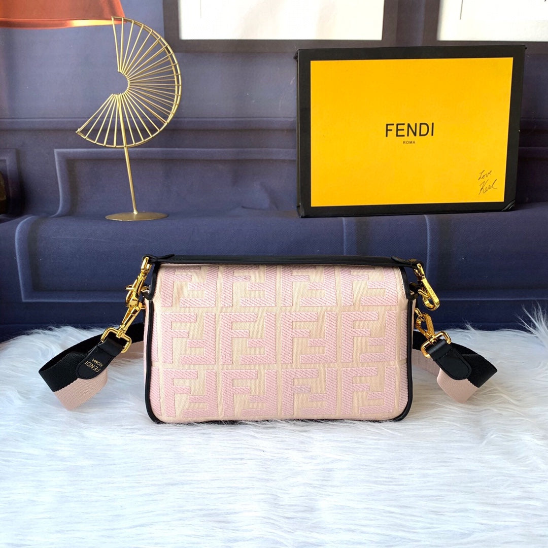 Fendi Baguette Monogram Embroidered Pink Crossbody Bag with Canvas Strap