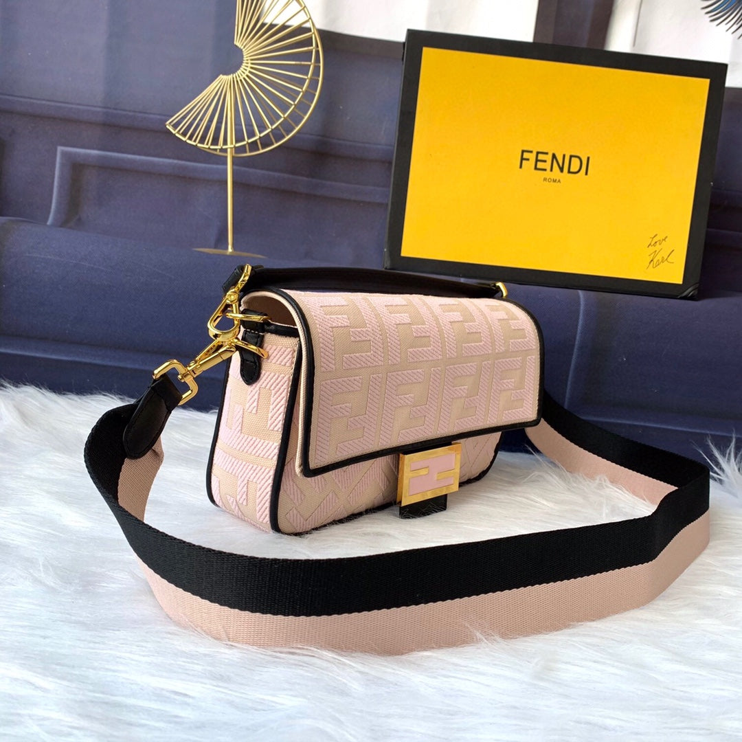Fendi Baguette Monogram Embroidered Pink Crossbody Bag with Canvas Strap