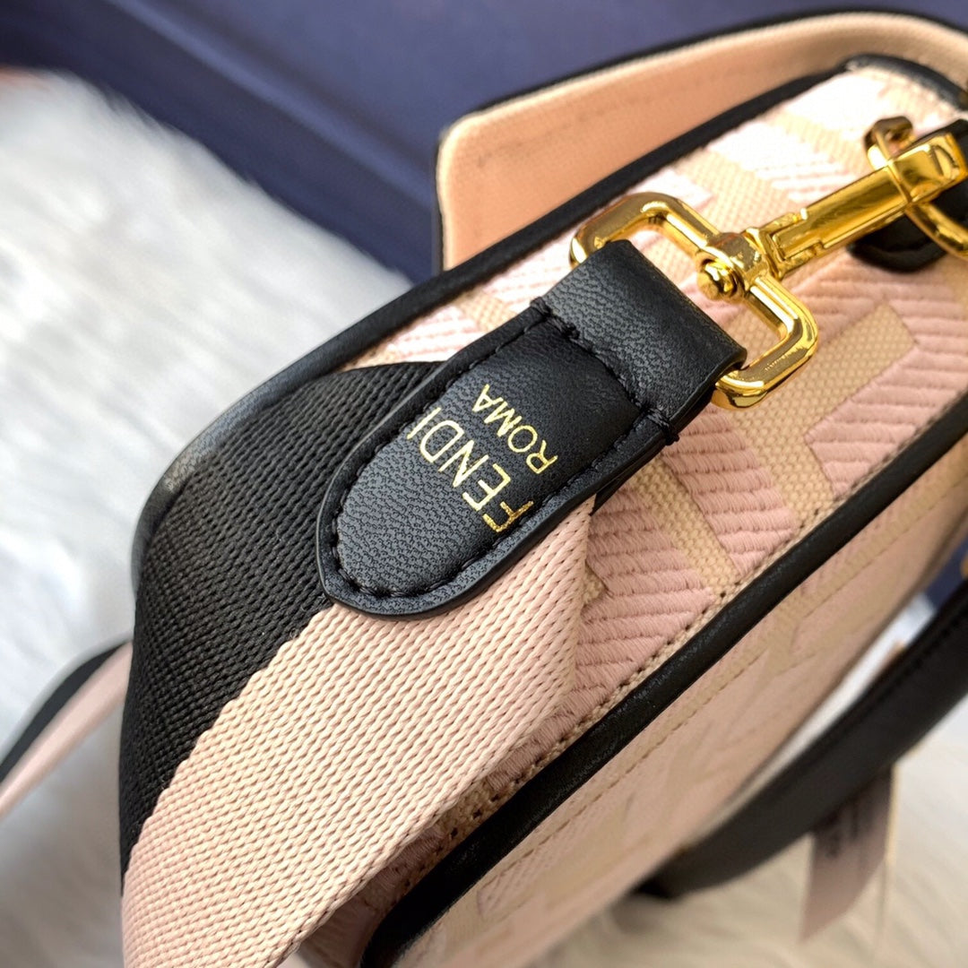 Fendi Baguette Monogram Embroidered Pink Crossbody Bag with Canvas Strap