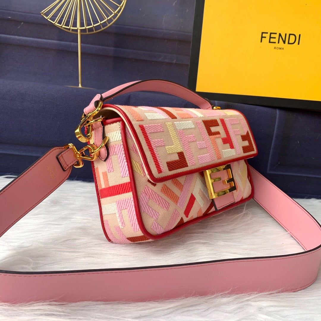 Fendi Baguette Pink FF Logo Embroidery Shoulder Bag with Gold Hardware