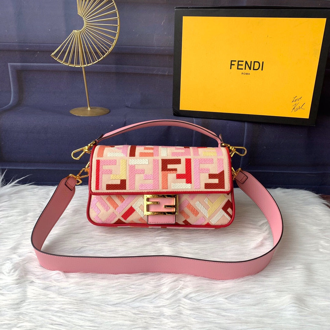 Fendi Baguette Pink FF Logo Embroidery Shoulder Bag with Gold Hardware