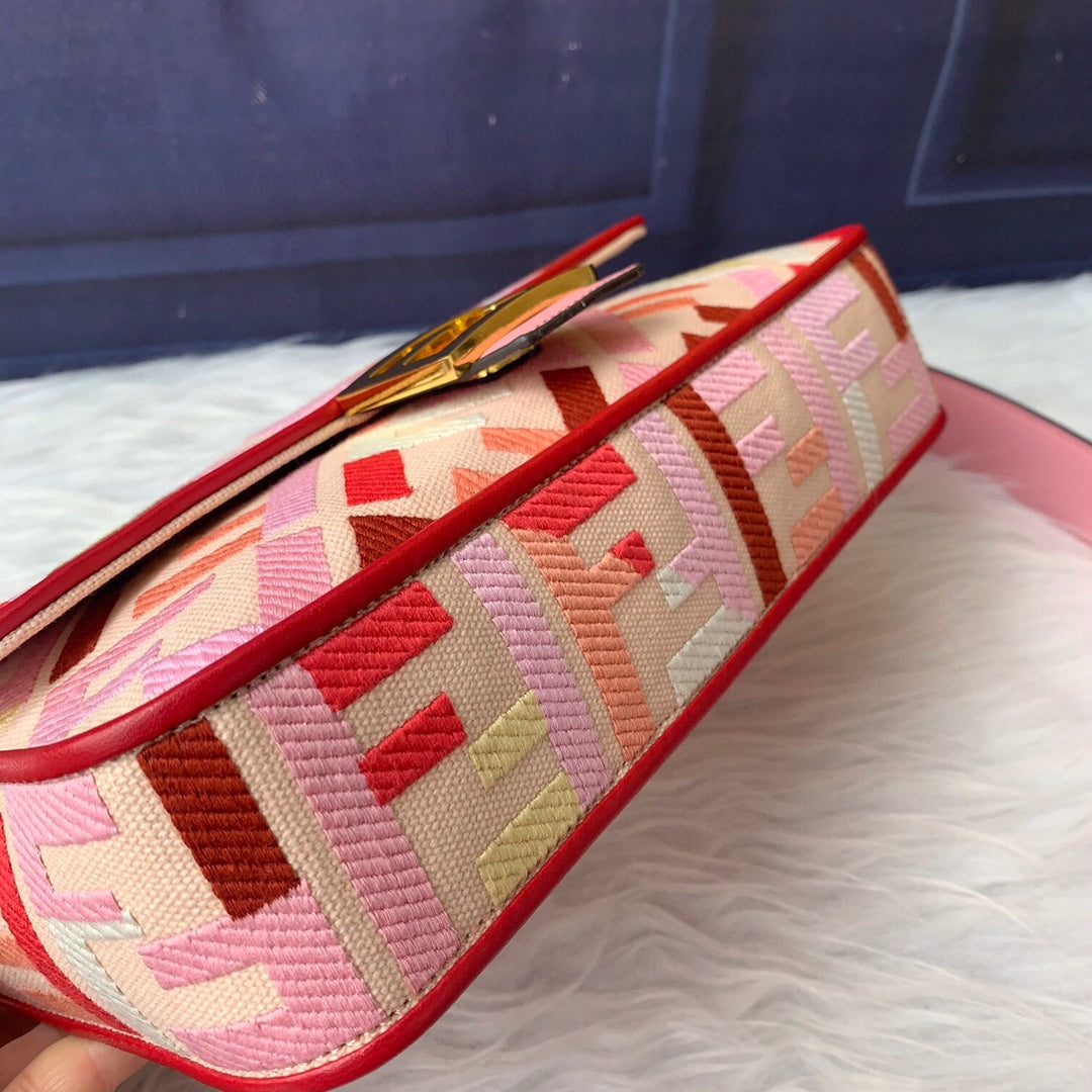 Fendi Baguette Pink FF Logo Embroidery Shoulder Bag with Gold Hardware
