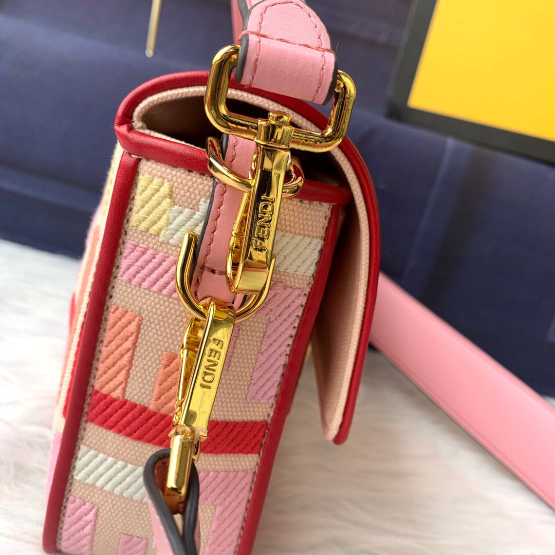 Fendi Baguette Pink FF Logo Embroidery Shoulder Bag with Gold Hardware