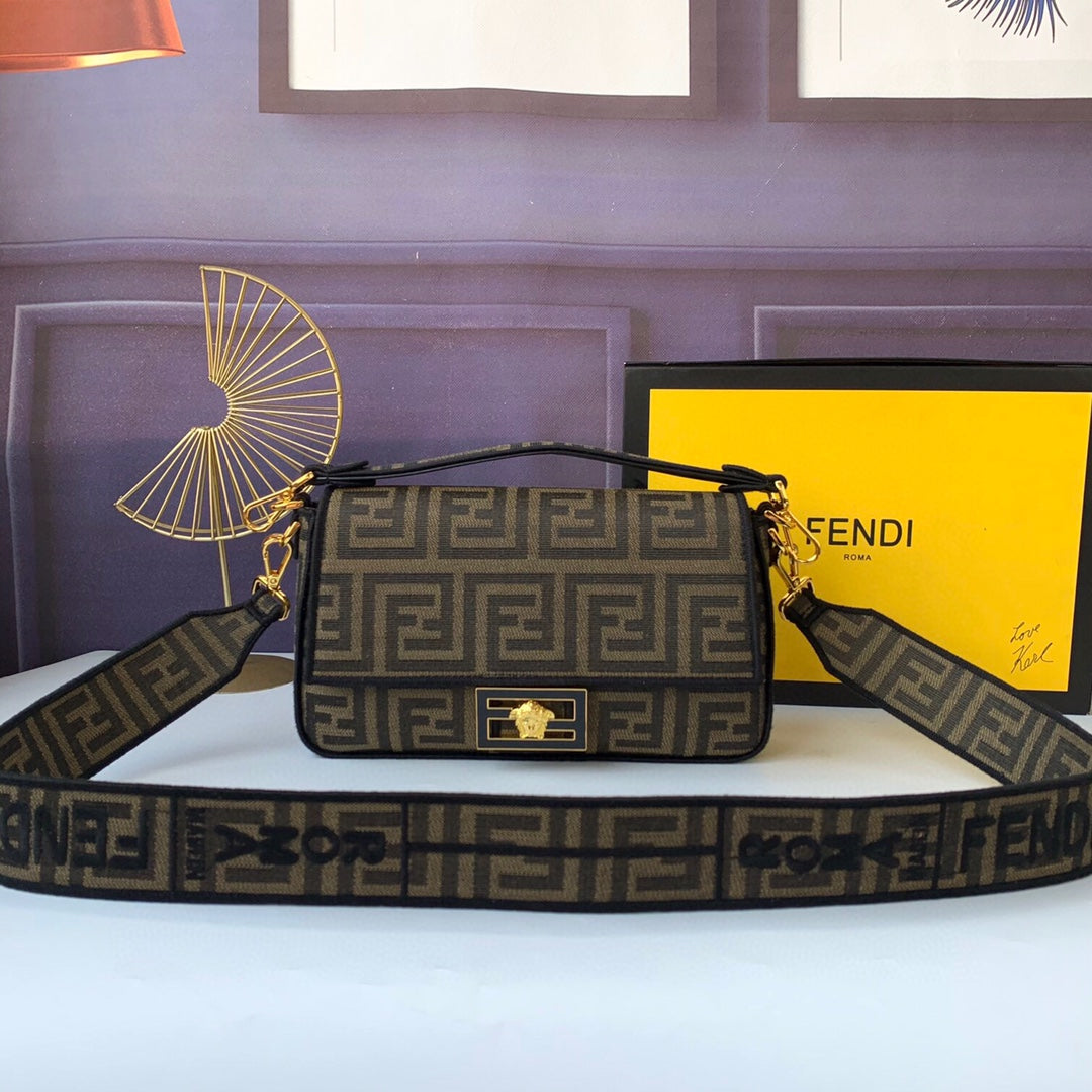 Fendi FF Monogram Canvas Baguette Bag with Logo Canvas Strap - Brown/Tobacco