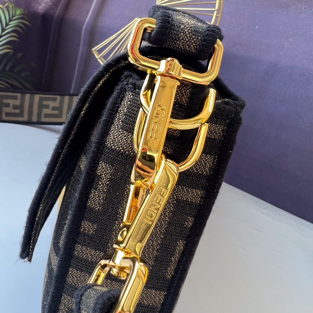 Fendi FF Monogram Canvas Baguette Bag with Logo Canvas Strap - Brown/Tobacco