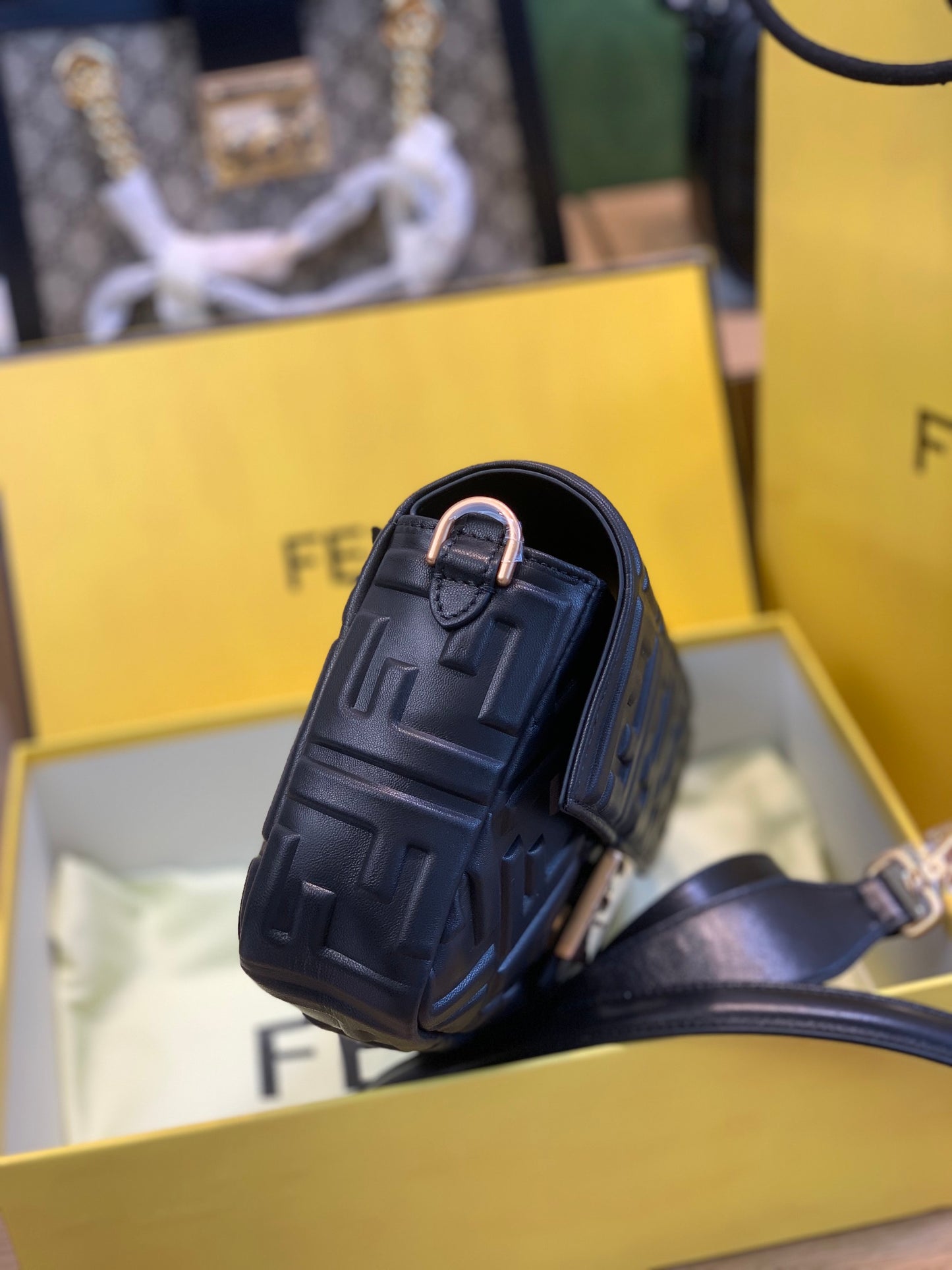 Fendi Baguette FF Embossed Black Leather Shoulder Bag with Gold Hardware