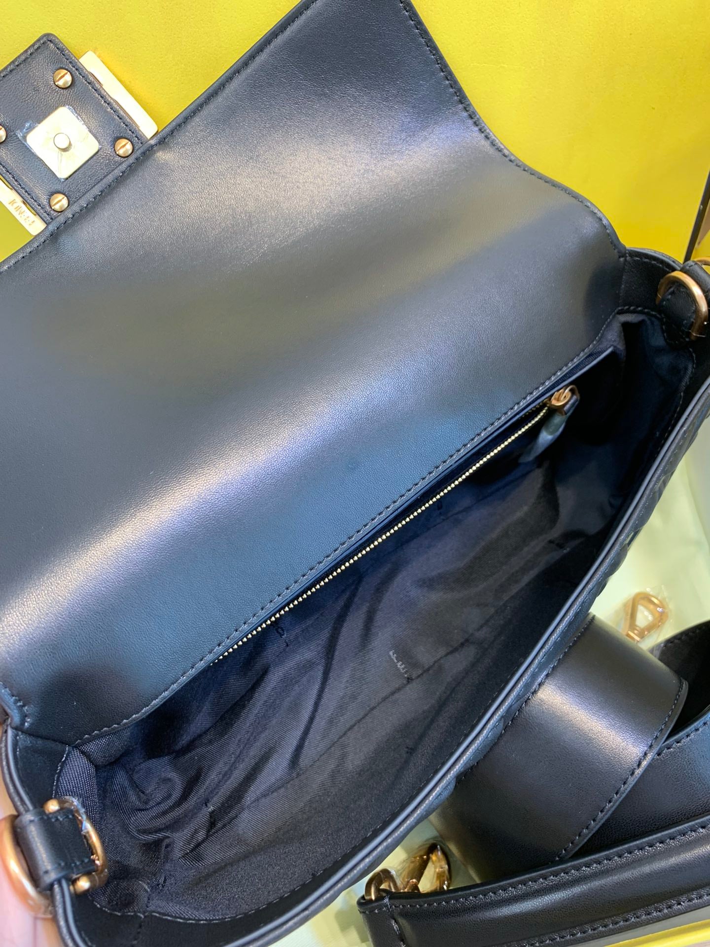 Fendi Baguette FF Embossed Black Leather Shoulder Bag with Gold Hardware