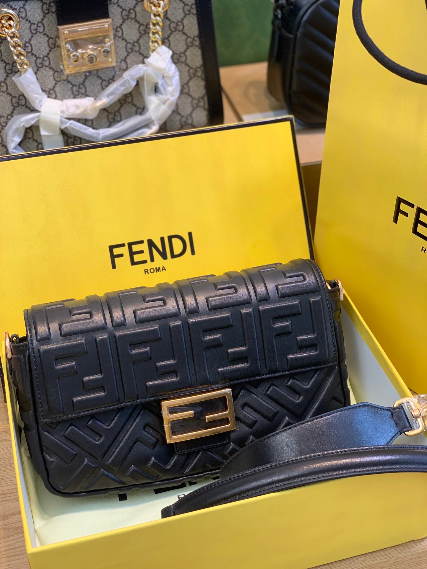 Fendi Black Embossed Nappa Leather Baguette Shoulder Bag with Gold Hardware