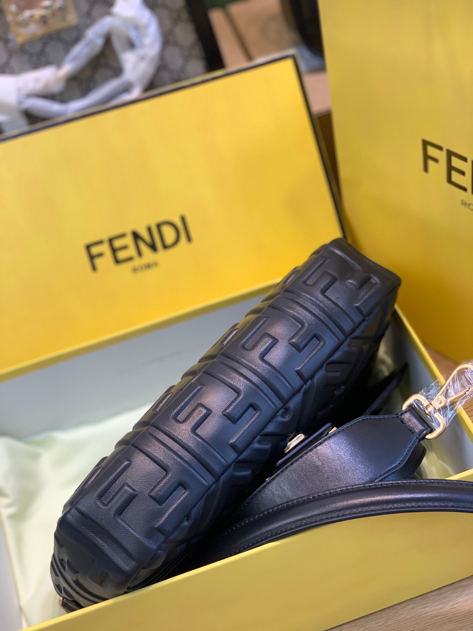 Fendi Baguette FF Embossed Black Leather Shoulder Bag with Gold Hardware