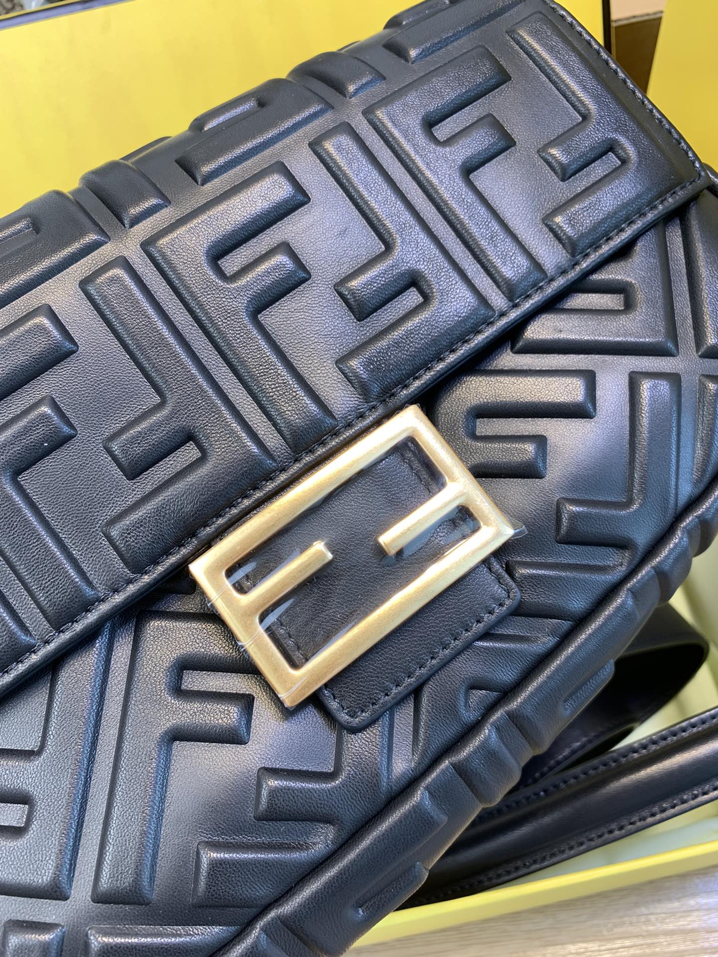 Fendi Black Embossed Nappa Leather Baguette Shoulder Bag with Gold Hardware