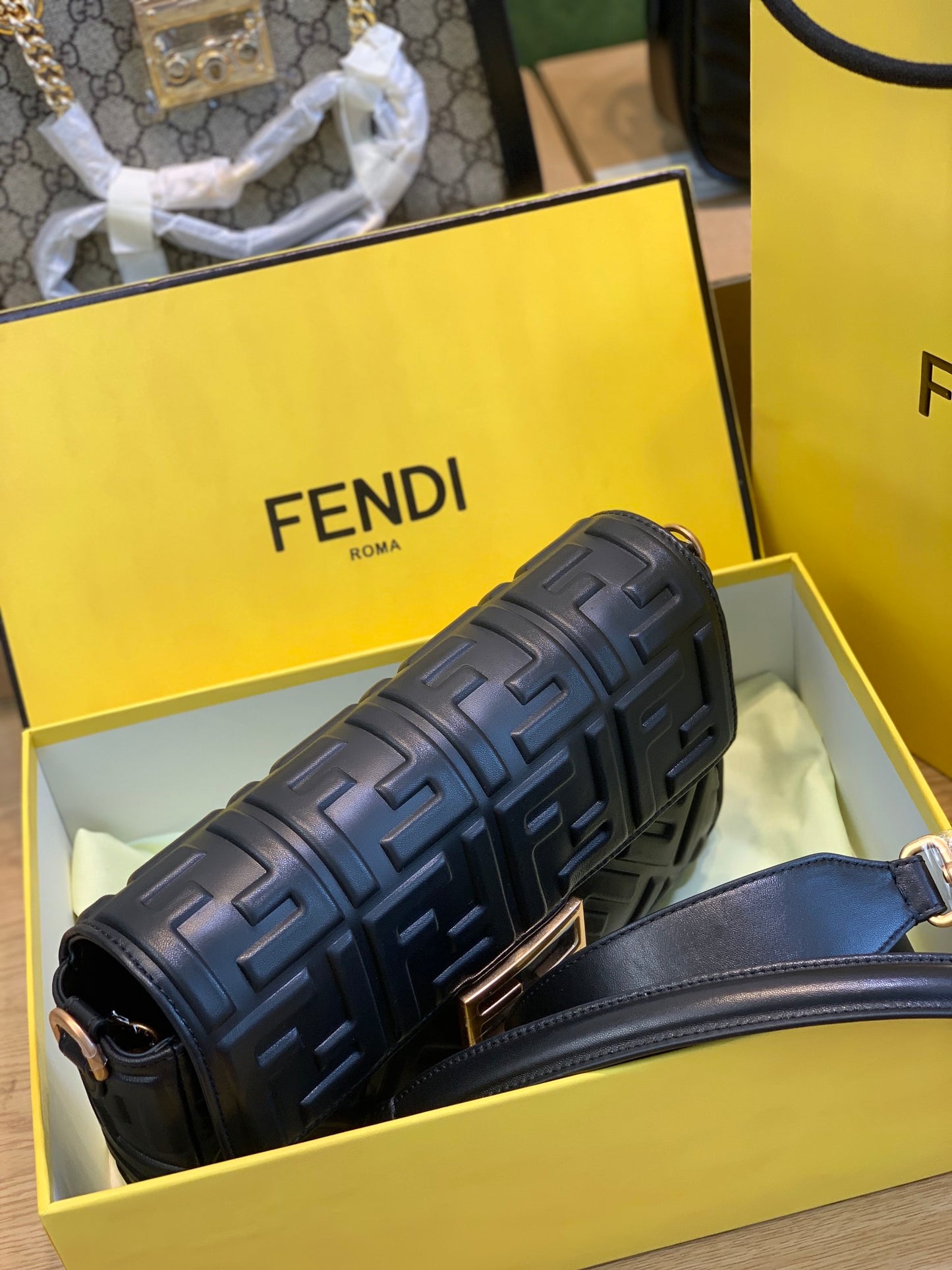 Fendi Black Embossed Nappa Leather Baguette Shoulder Bag with Gold Hardware
