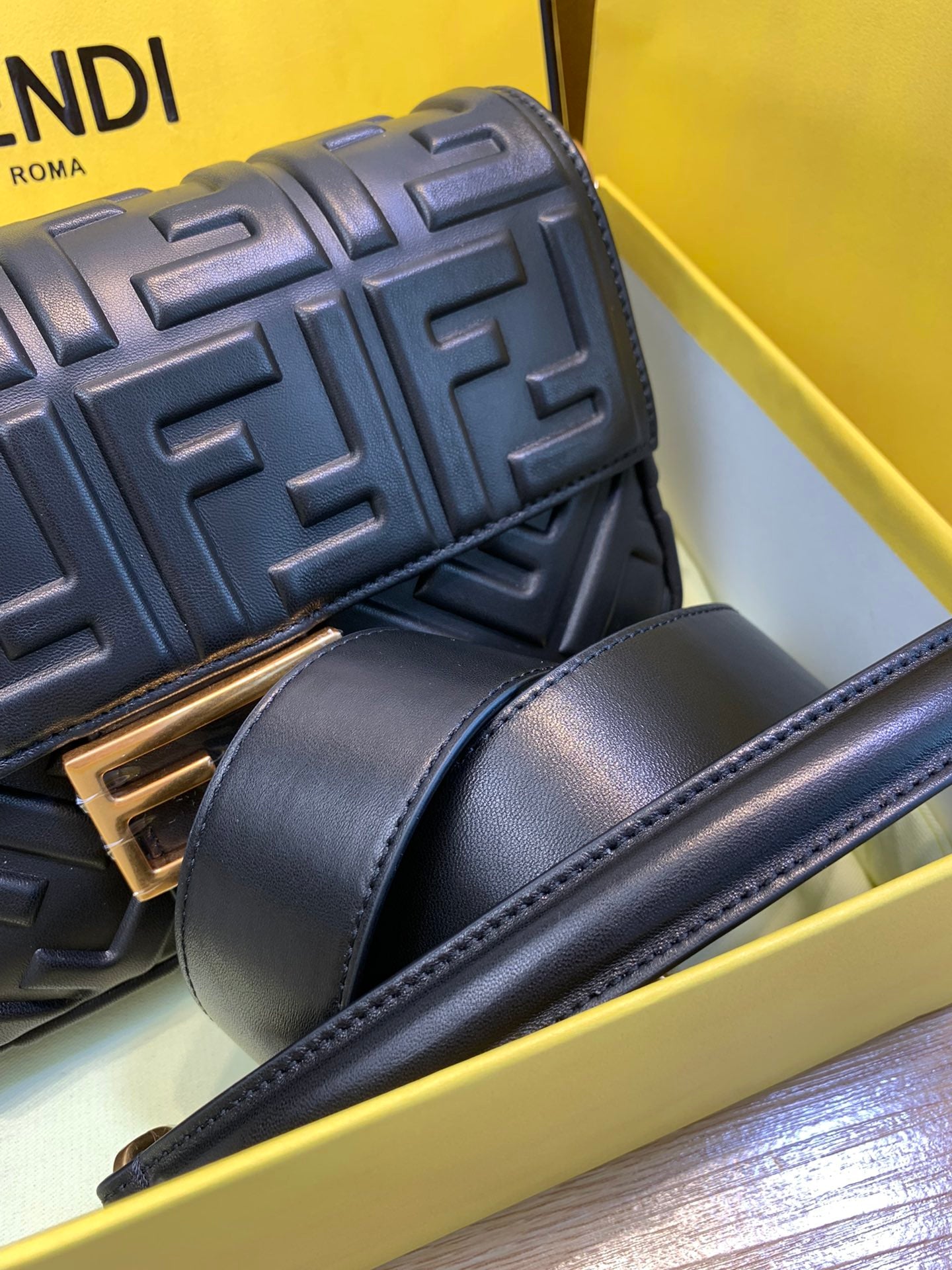 Fendi Black Embossed Nappa Leather Baguette Shoulder Bag with Gold Hardware