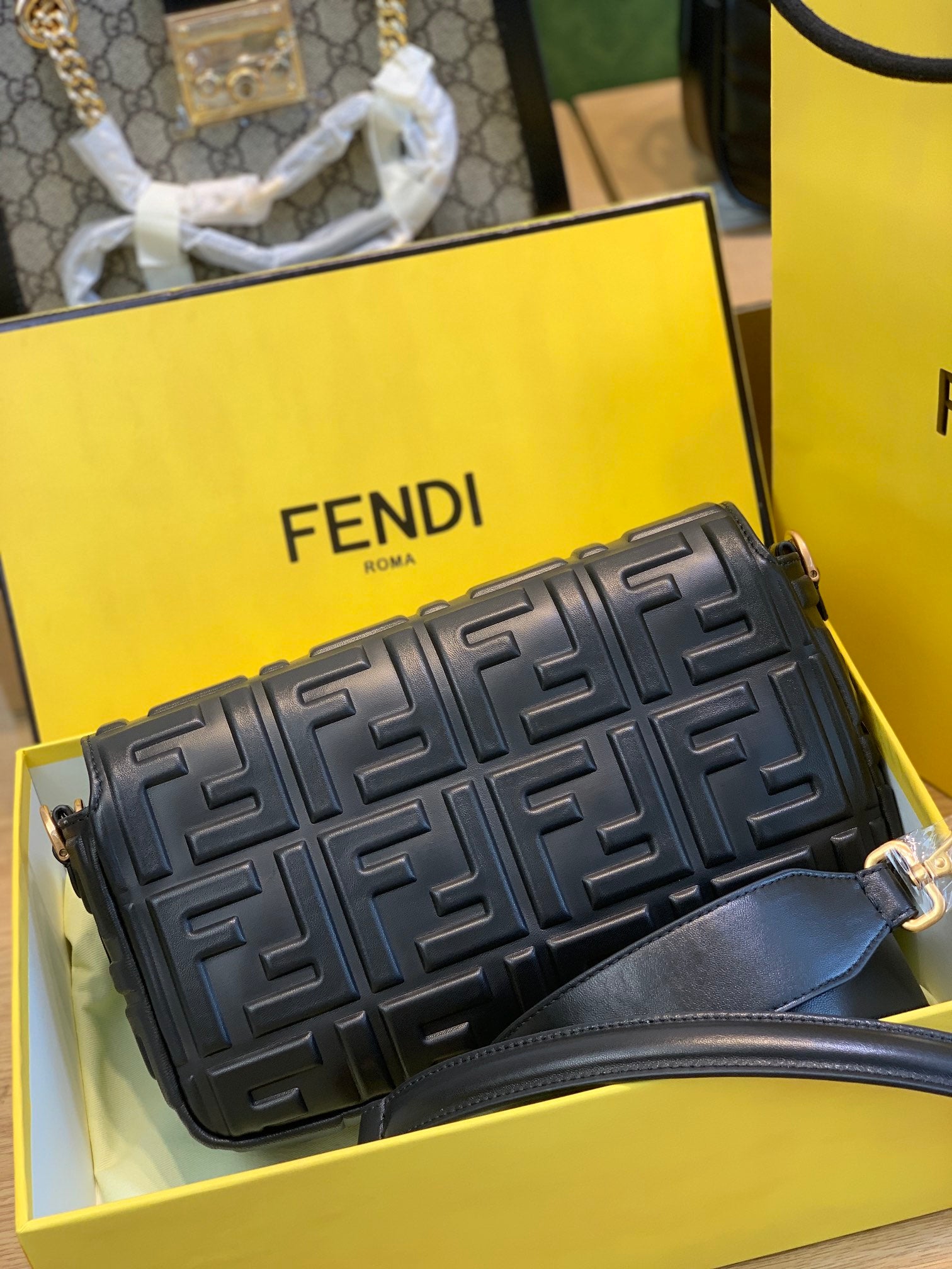 Fendi Black Embossed Nappa Leather Baguette Shoulder Bag with Gold Hardware