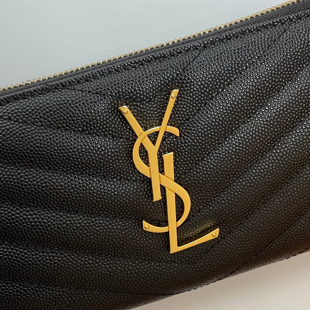 Saint Laurent Monogram Quilted Leather Zip-Around Wallet - Black/Gold