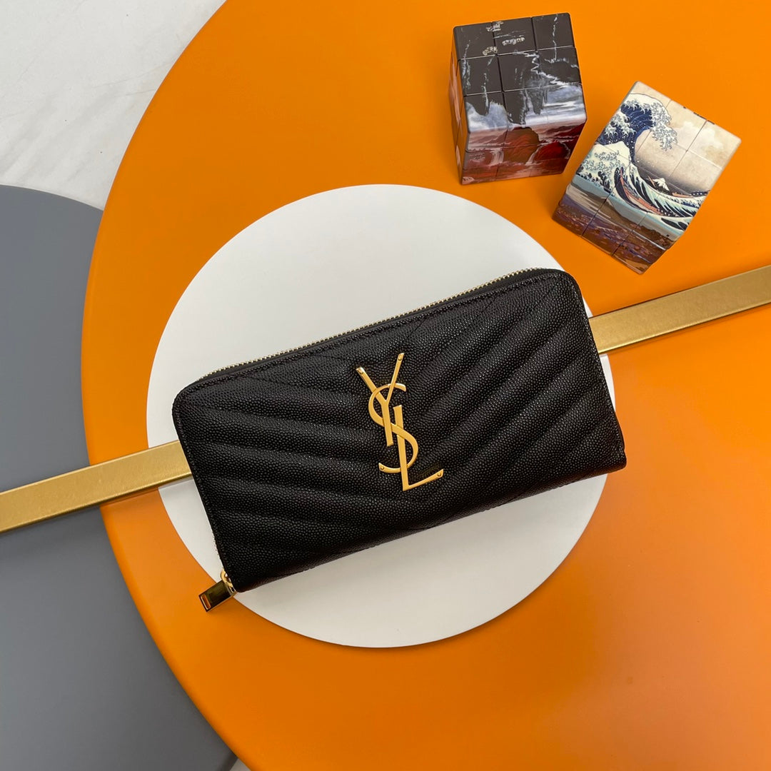 Saint Laurent Monogram Quilted Leather Zip-Around Wallet - Black/Gold