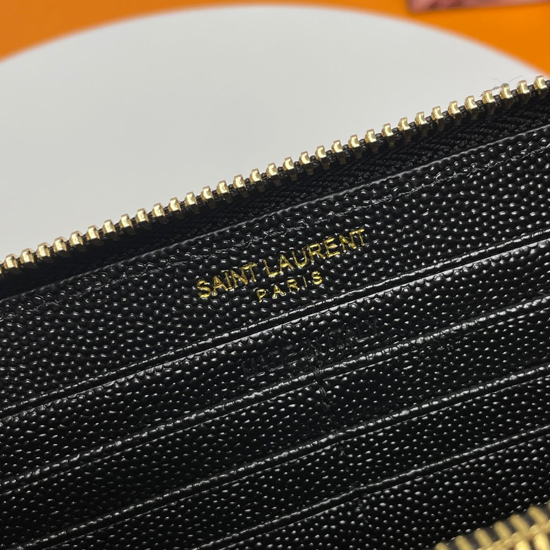 Saint Laurent Monogram Quilted Leather Zip-Around Wallet - Black/Gold
