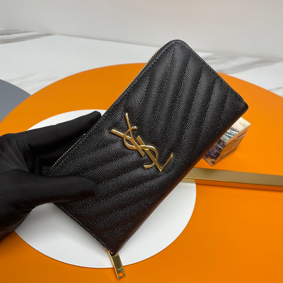 Saint Laurent Monogram Quilted Leather Zip-Around Wallet - Black/Gold