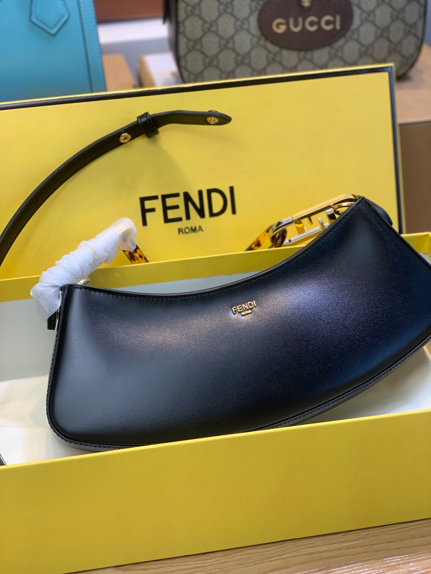 Fendi Roma Small Black Leather Crescent Shoulder Bag with Signature Box